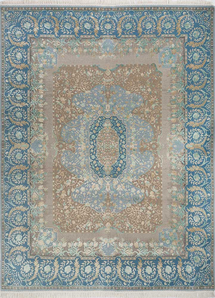 aurora blue wool and silk hand knotted Rug - HeadShot