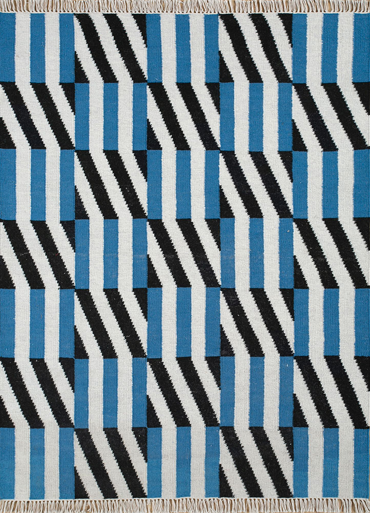 checkers blue wool flat weaves Rug - HeadShot