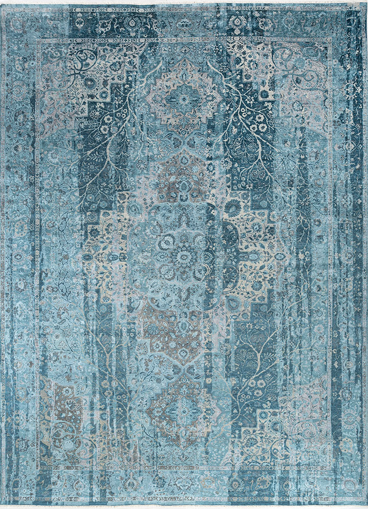 gulmarg blue silk hand knotted Rug - HeadShot