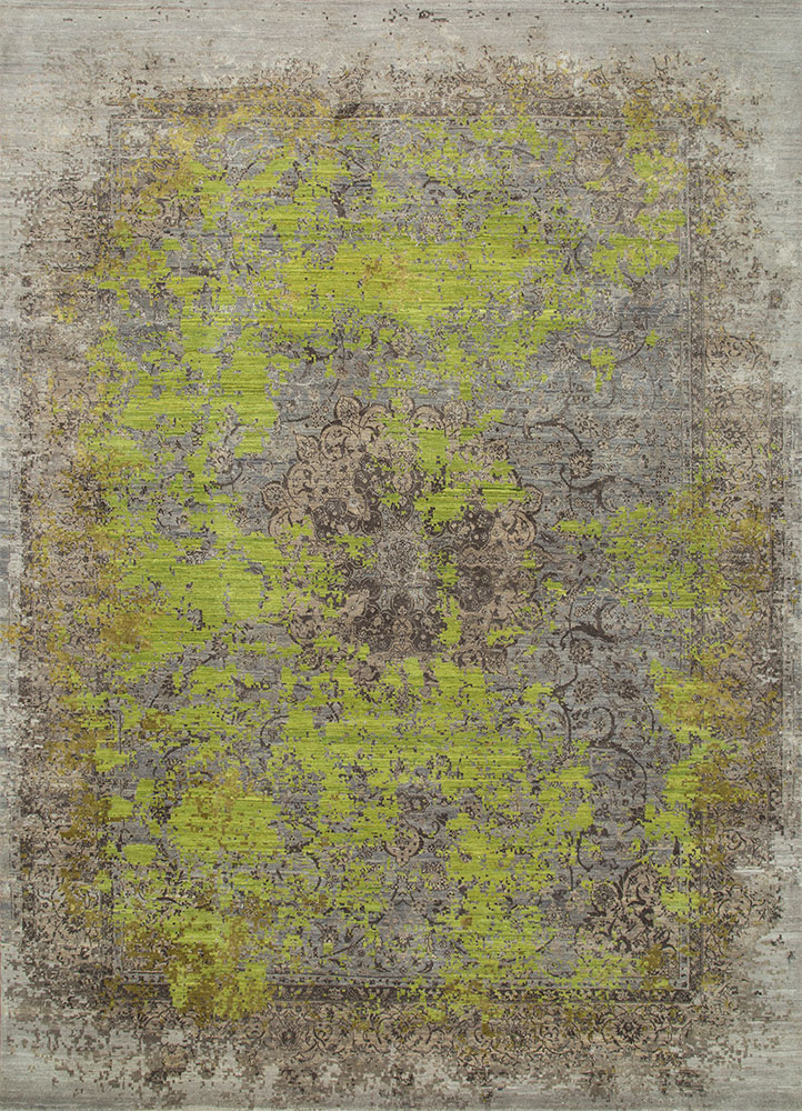 far east green wool and silk hand knotted Rug - HeadShot
