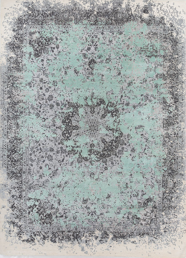 far east blue wool and silk hand knotted Rug - HeadShot