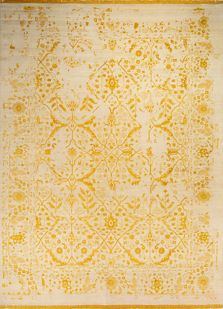 far east ivory wool and silk hand knotted Rug - HeadShot