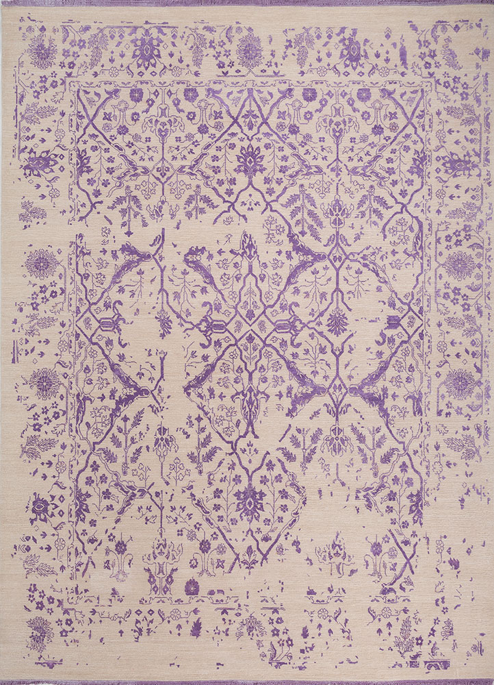 far east ivory wool and silk hand knotted Rug - HeadShot