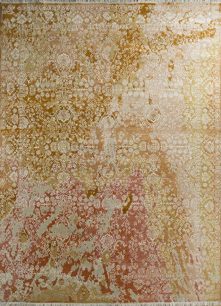 far east red and orange wool and bamboo silk hand knotted Rug - HeadShot