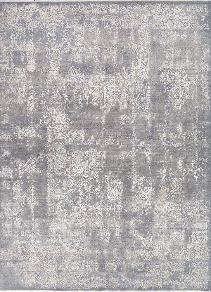 far east blue wool and silk hand knotted Rug - HeadShot