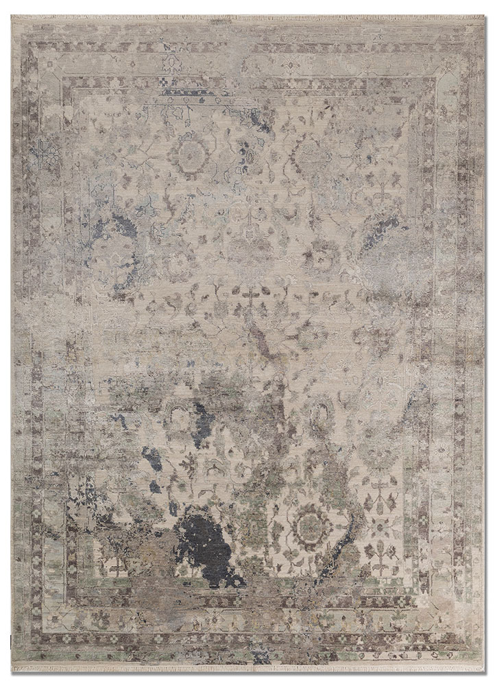 far east grey and black wool and silk hand knotted Rug - HeadShot