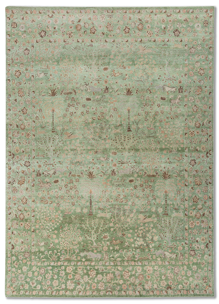 far east green wool and silk hand knotted Rug - HeadShot