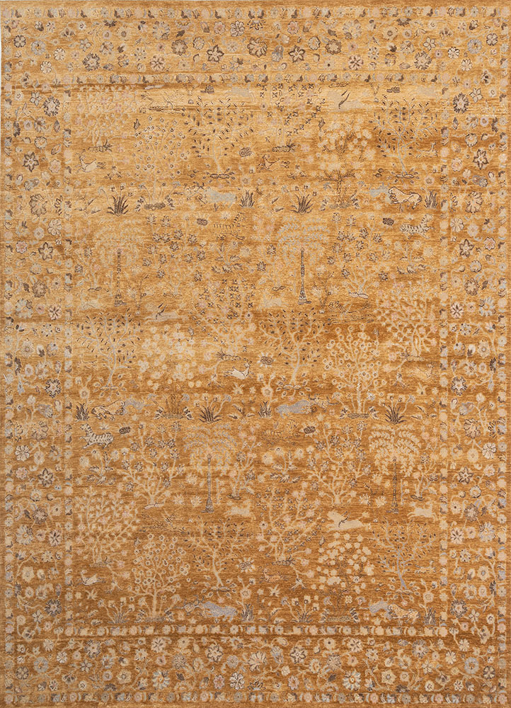 far east gold wool and silk hand knotted Rug - HeadShot