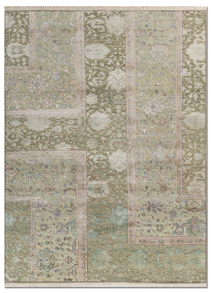far east green wool and silk hand knotted Rug - HeadShot