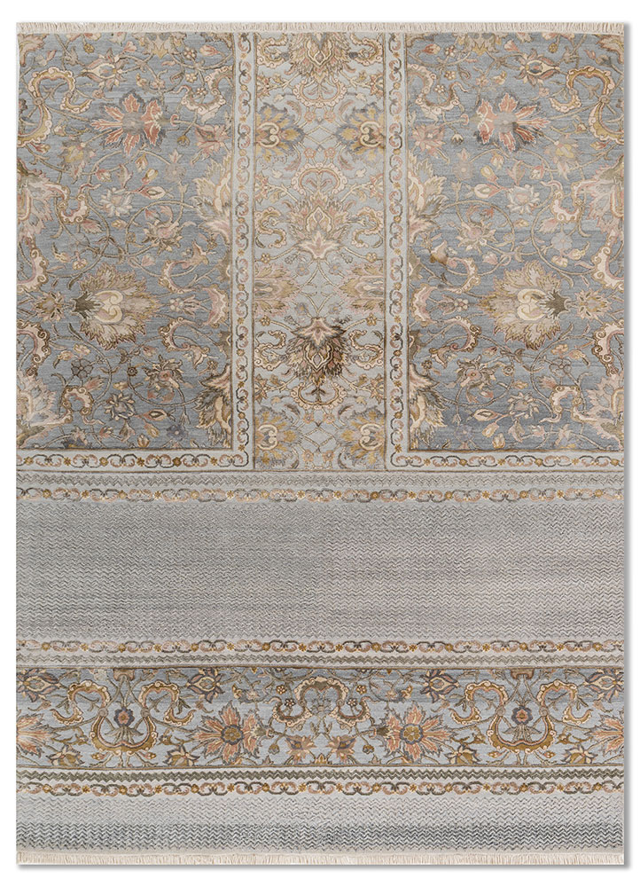 far east grey and black wool and silk hand knotted Rug - HeadShot