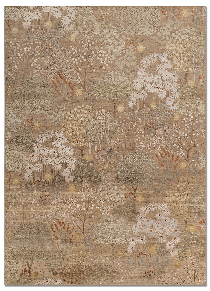 far east beige and brown wool and silk hand knotted Rug - HeadShot