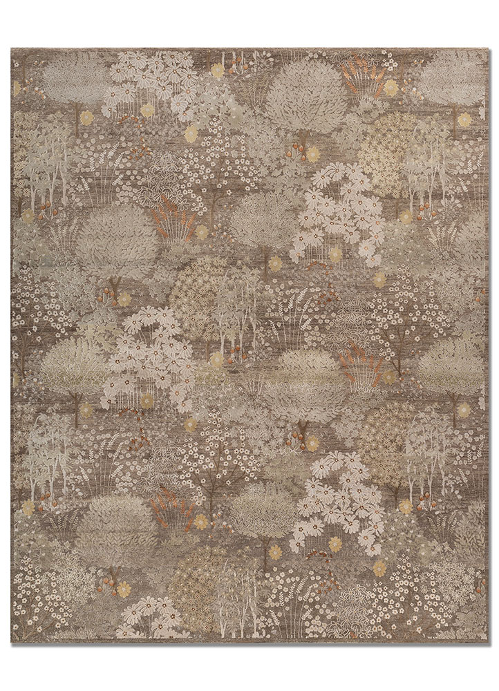 far east beige and brown wool and silk hand knotted Rug - HeadShot