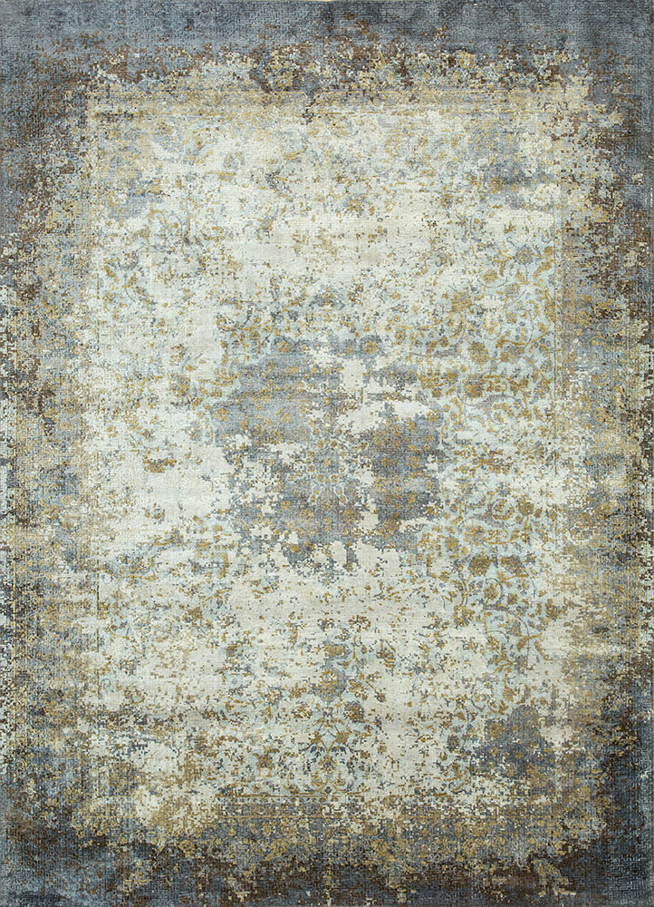 far east blue wool and silk hand knotted Rug - HeadShot