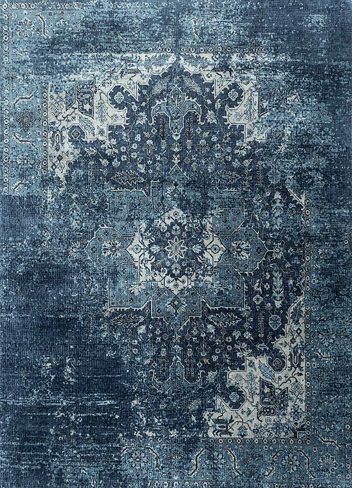 far east blue wool and silk hand knotted Rug - HeadShot