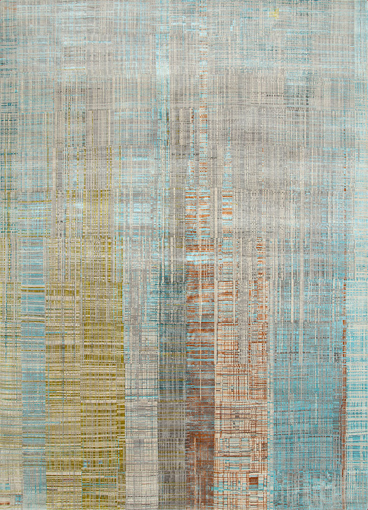 unstring by kavi grey and black wool and bamboo silk hand knotted Rug - HeadShot