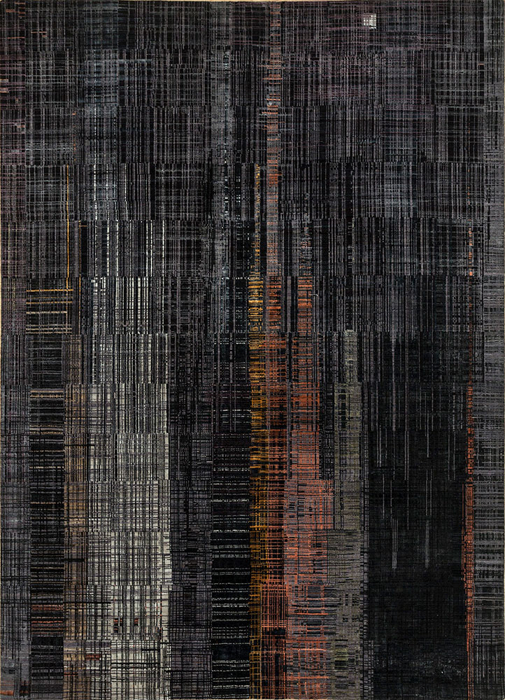unstring by kavi grey and black wool and bamboo silk hand knotted Rug - HeadShot