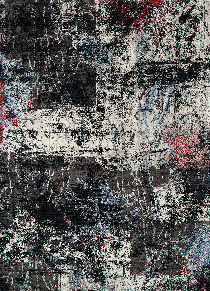 unstring by kavi grey and black wool and bamboo silk hand knotted Rug - HeadShot