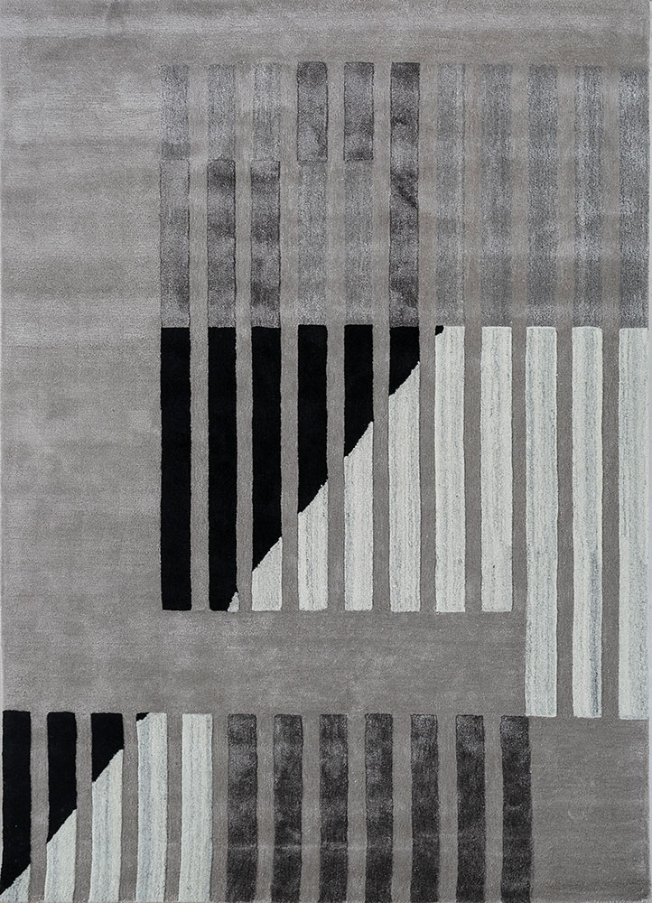 linear grey and black wool and viscose hand tufted Rug - HeadShot