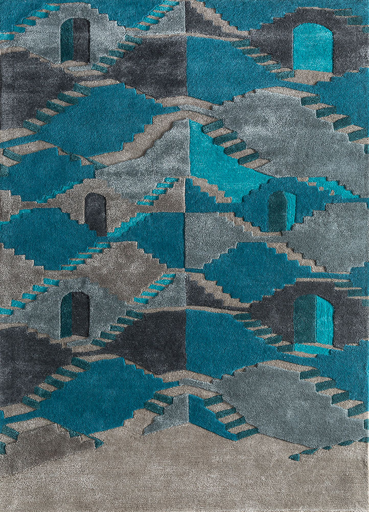 linear blue wool and viscose hand tufted Rug - HeadShot
