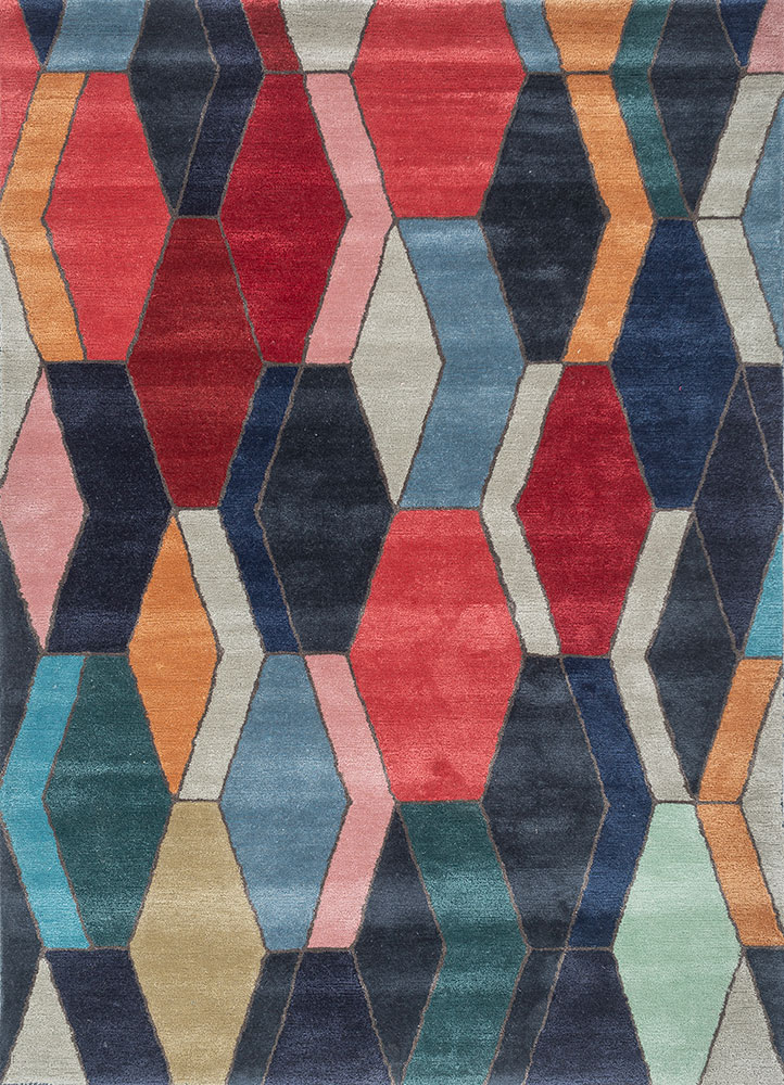 linear blue wool and viscose hand tufted Rug - HeadShot