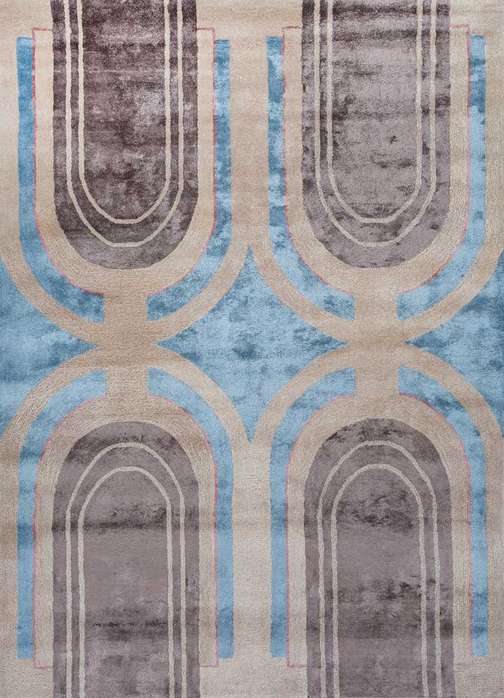 linear blue wool and viscose hand tufted Rug - HeadShot