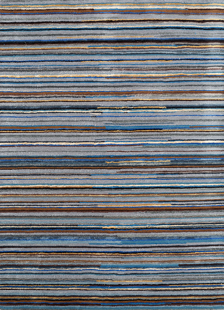 linear blue wool and viscose hand tufted Rug - HeadShot