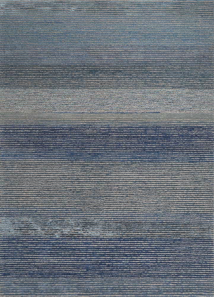 linear blue wool and viscose hand tufted Rug - HeadShot