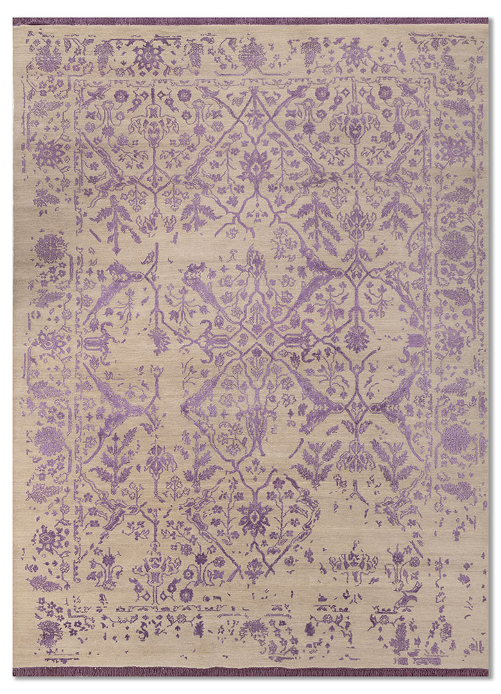 far east ivory wool and silk hand knotted Rug - HeadShot
