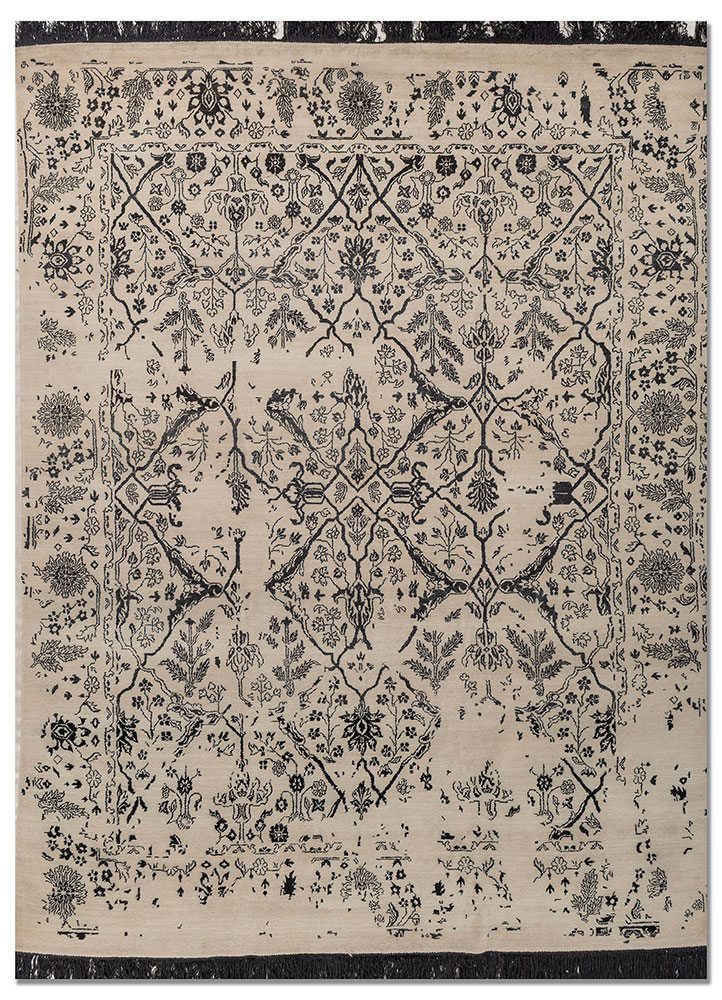 far east ivory wool and silk hand knotted Rug - HeadShot