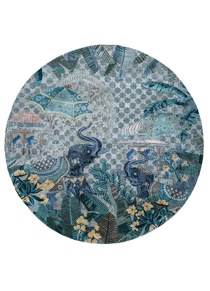 inde rose blue wool and silk hand knotted Rug - HeadShot
