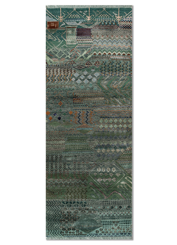 manchaha green wool and bamboo silk hand knotted Rug - HeadShot