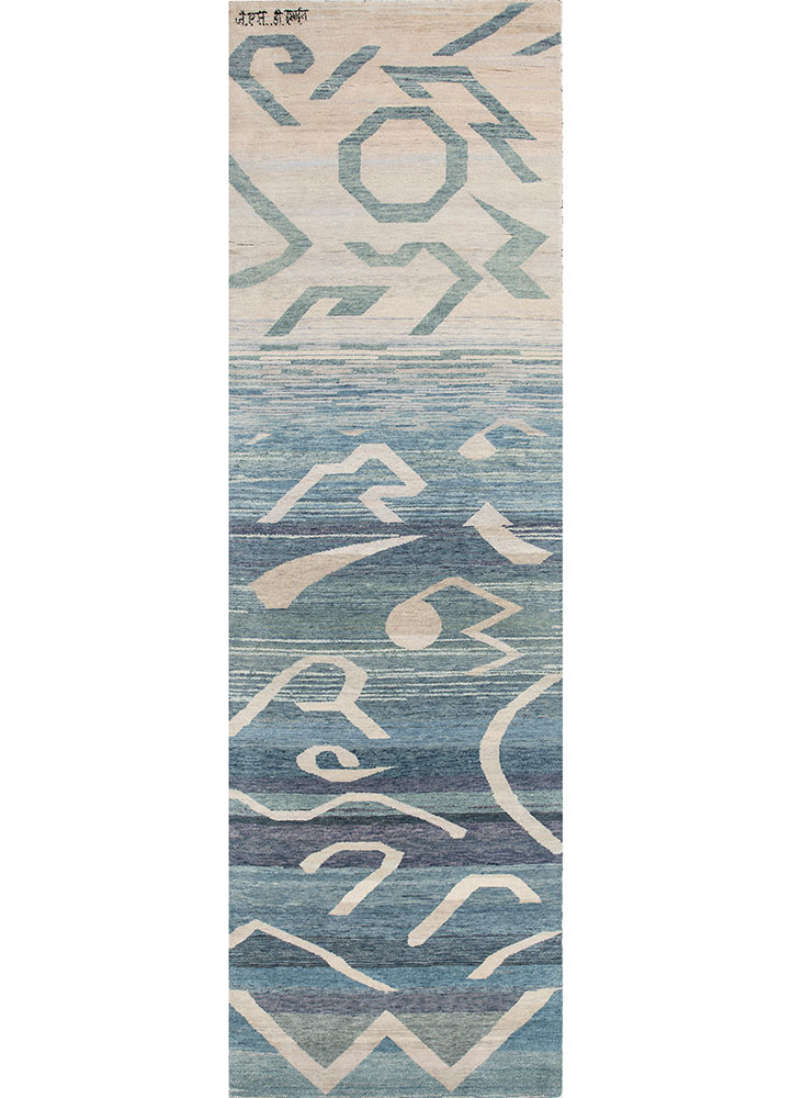 freedom manchaha blue wool and silk hand knotted Rug - HeadShot