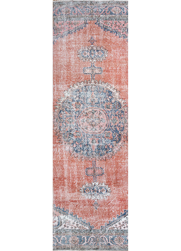 vintage red and orange wool hand knotted Rug - HeadShot