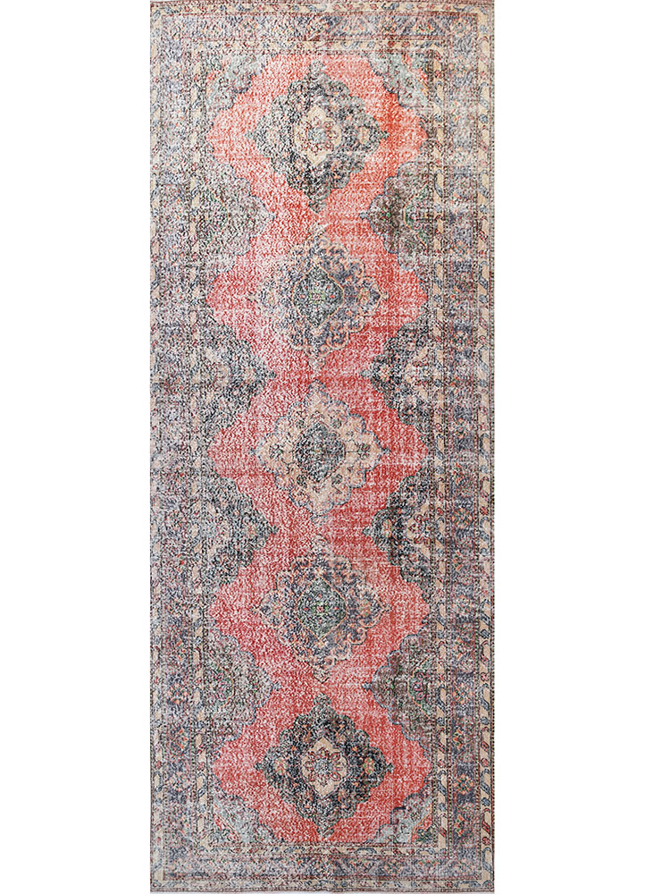 vintage red and orange wool hand knotted Rug - HeadShot