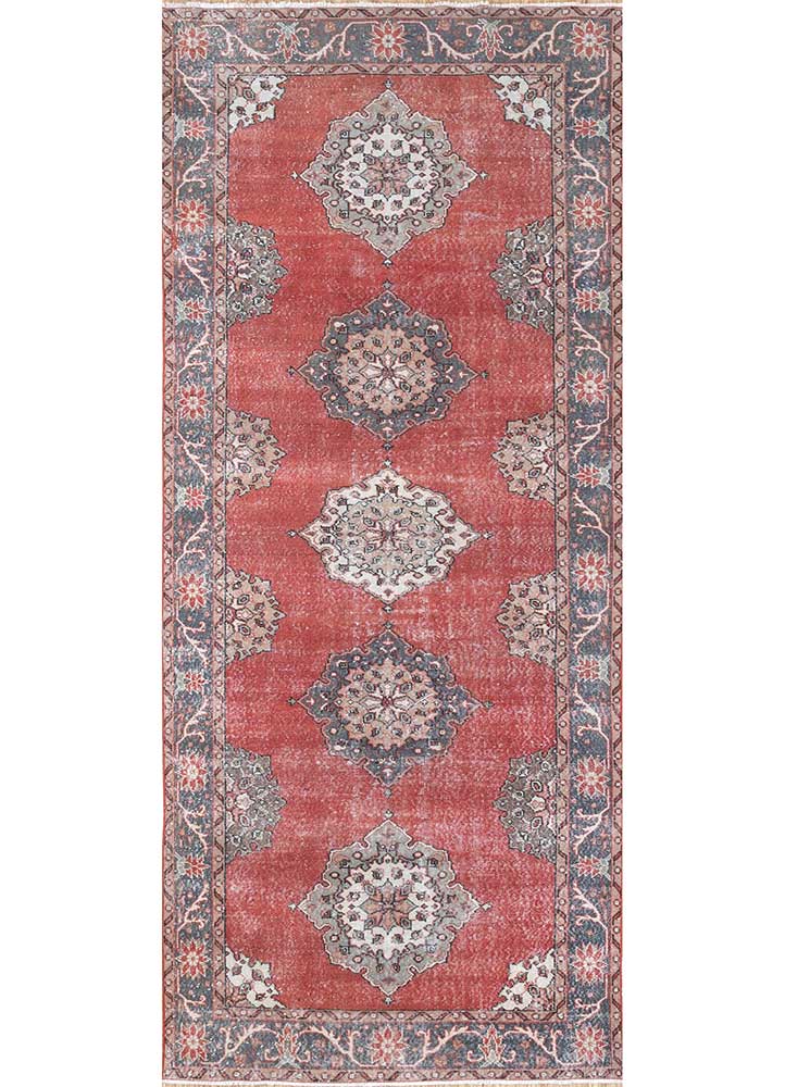 vintage red and orange wool hand knotted Rug - HeadShot