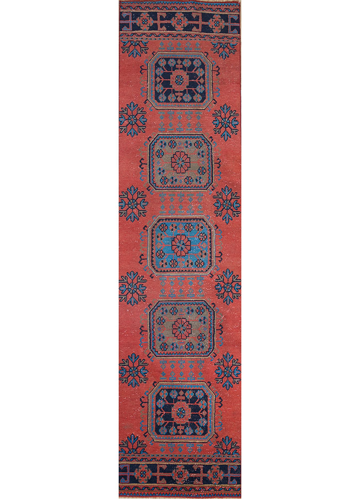 vintage red and orange wool hand knotted Rug - HeadShot