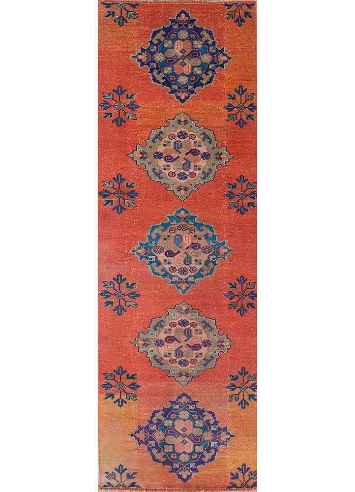vintage red and orange wool hand knotted Rug - HeadShot