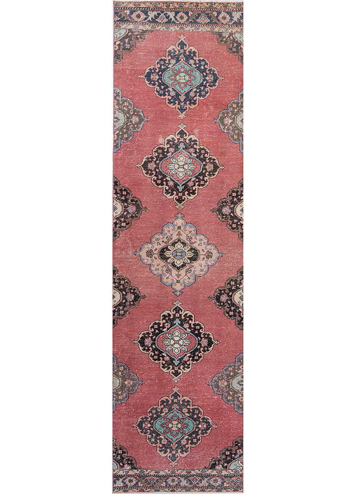 vintage red and orange wool hand knotted Rug - HeadShot
