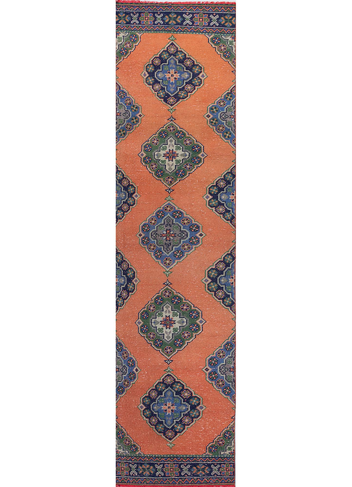 vintage red and orange wool hand knotted Rug - HeadShot