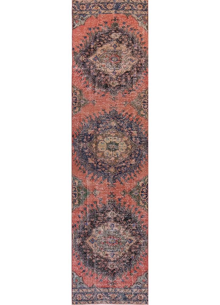 vintage red and orange wool hand knotted Rug - HeadShot