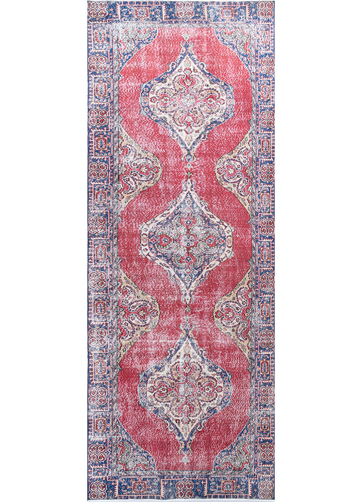 vintage red and orange wool hand knotted Rug - HeadShot