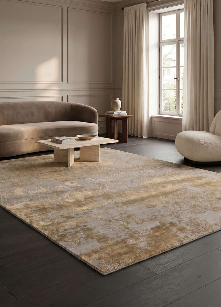 project error by kavi beige and brown wool and bamboo silk hand knotted Rug - Rander