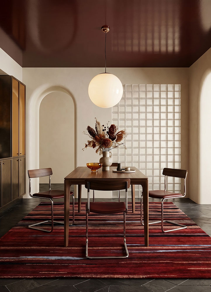 linear red and orange wool and viscose hand tufted Rug - Rander