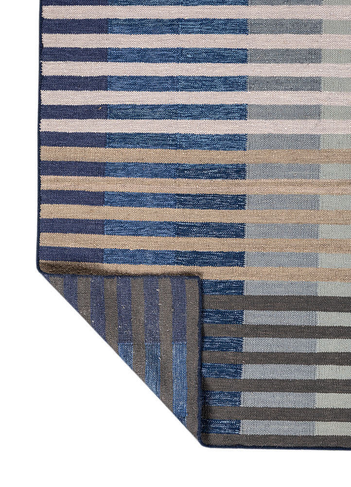 checkers blue wool and viscose flat weaves Rug - Perspective
