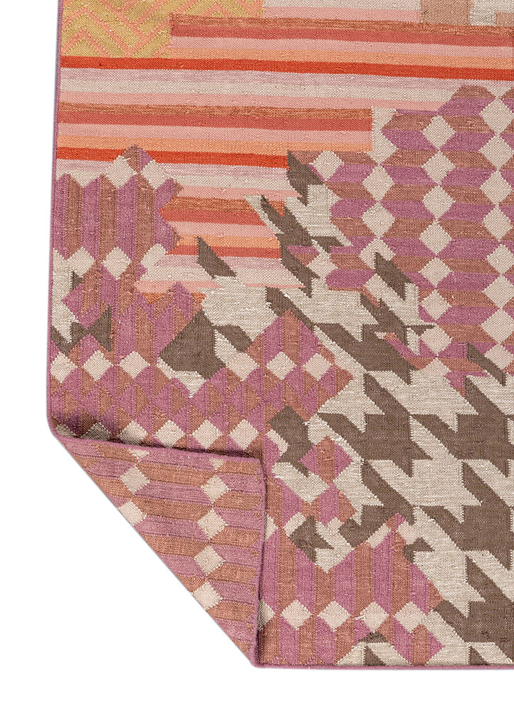 checkers beige and brown wool and viscose flat weaves Rug - Perspective