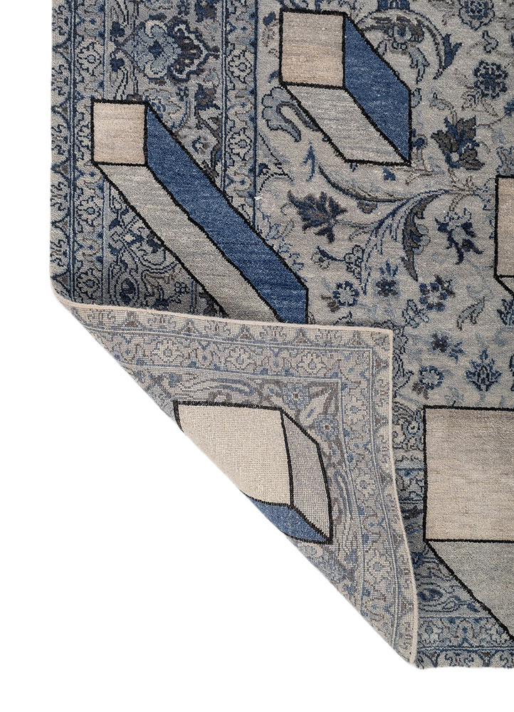 playing with tradition blue wool and silk hand knotted Rug - Perspective