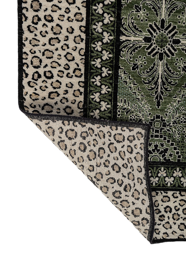 gilded age green afghan wool hand knotted Rug - Perspective