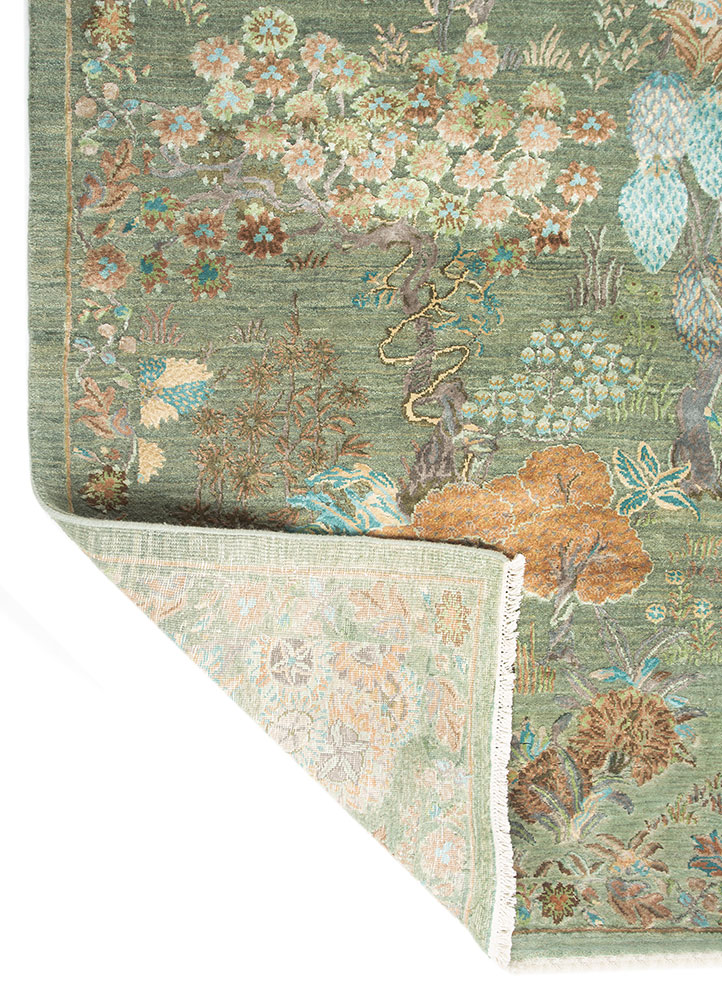 far east green wool and silk hand knotted Rug - Perspective