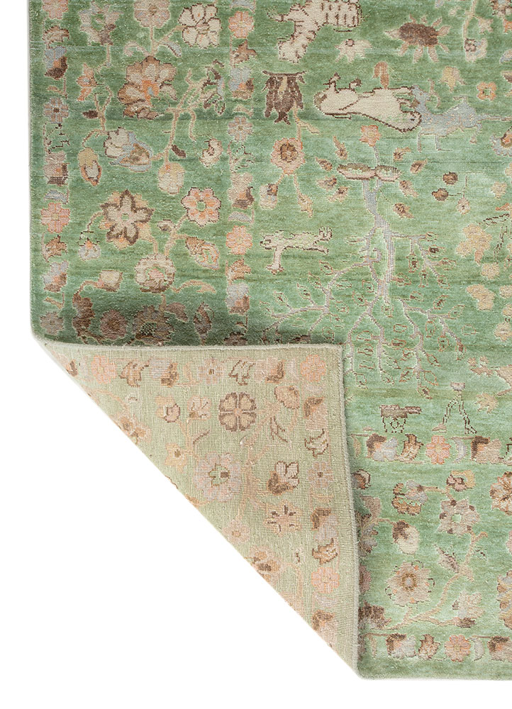 far east green wool and silk hand knotted Rug - Perspective